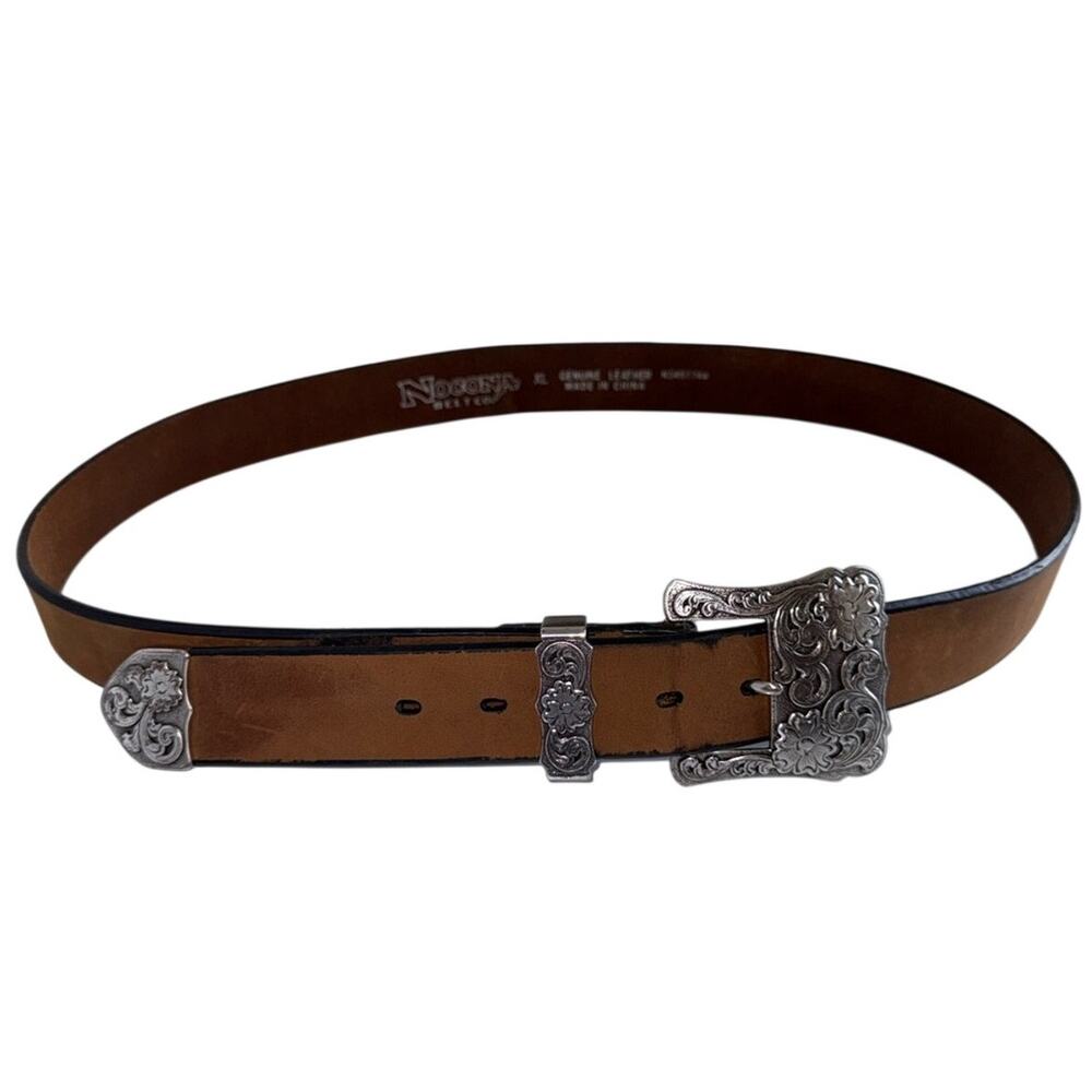 NOCONA Belt Co Brown Leather Western Belt with Ornate Silver Buckle XL
